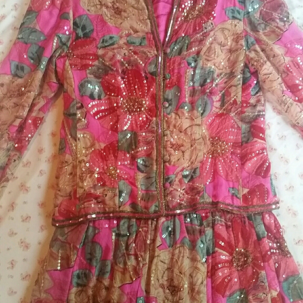 100% silk floral jacket and skirt set.